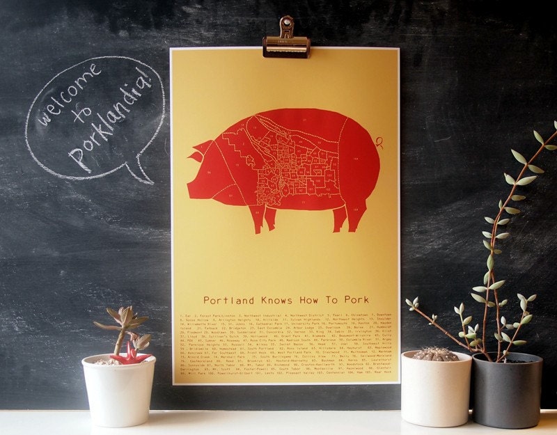 Portland Knows How to Pork - neighborhood butchery map poster