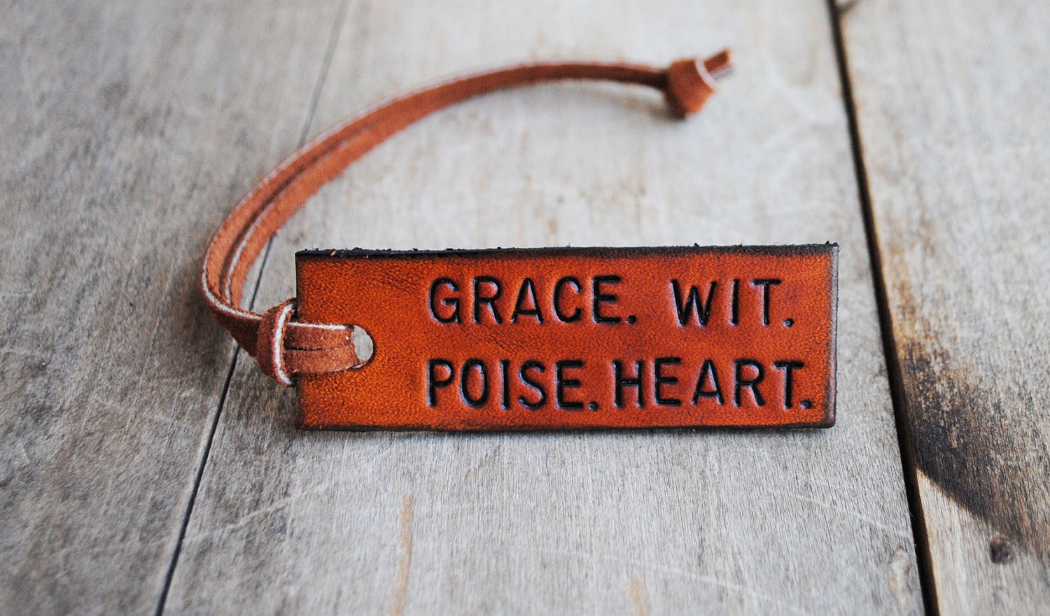 Grace. Wit. Poise. Heart. Ready-made Decorative Leather Luggage Tag. Immediate Shipping.