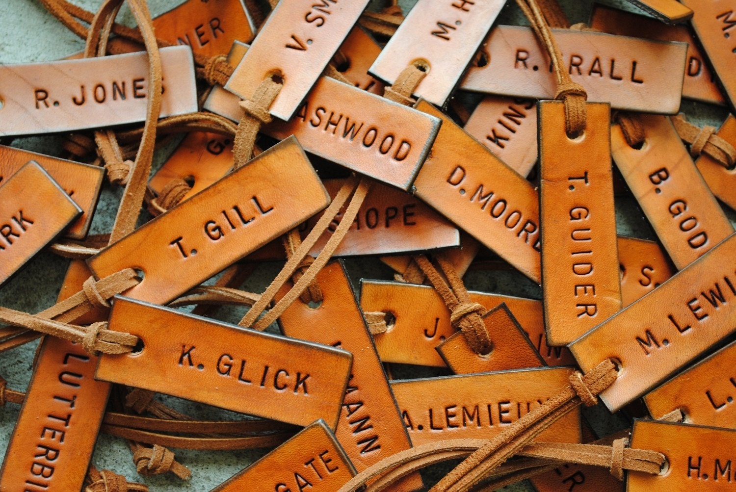 10 Leather ID Luggage Tags. Custom, Hand Stamped. Perfect Inexpensive Gift or Favor for Family, Coworkers, Friends, Wedding Party.