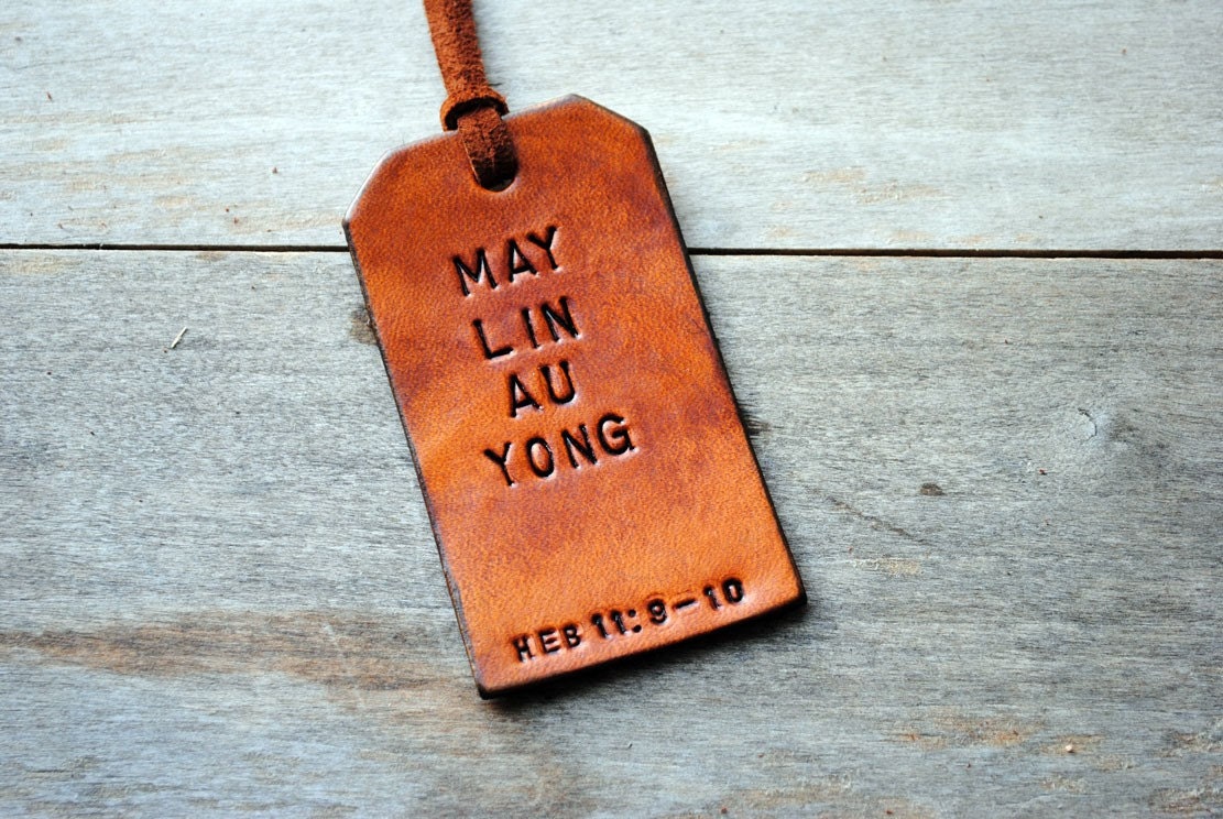 Single Custom Vertical Leather Luggage Tag. Stamped with Your Name, Phrase, Verse. Gift for wedding, birthday, thank you, congrats.