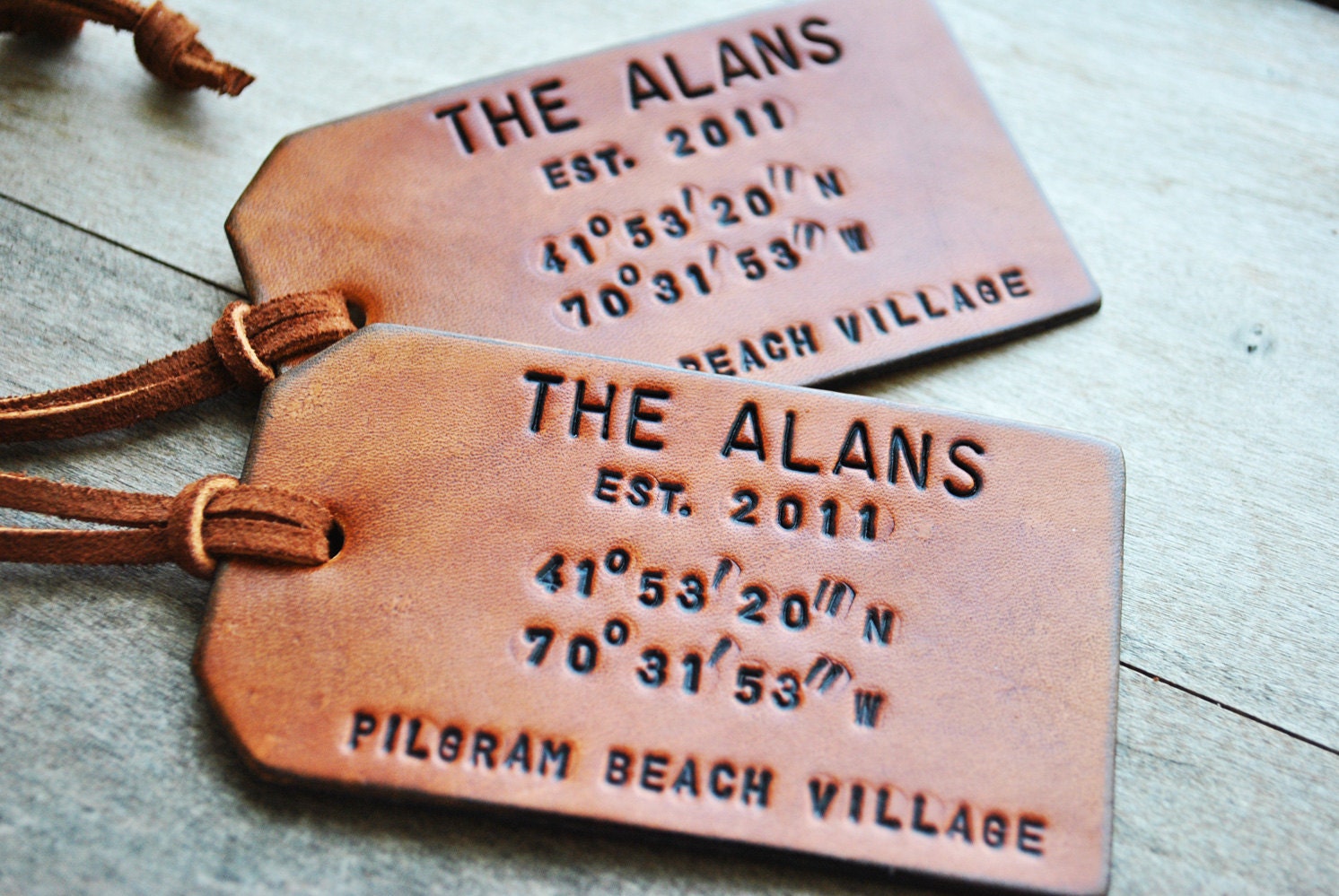 Set of 2 Map Coordinates Leather Luggage Tags. Latitude and Longitude. Custom. Personalized. Unique Gift.