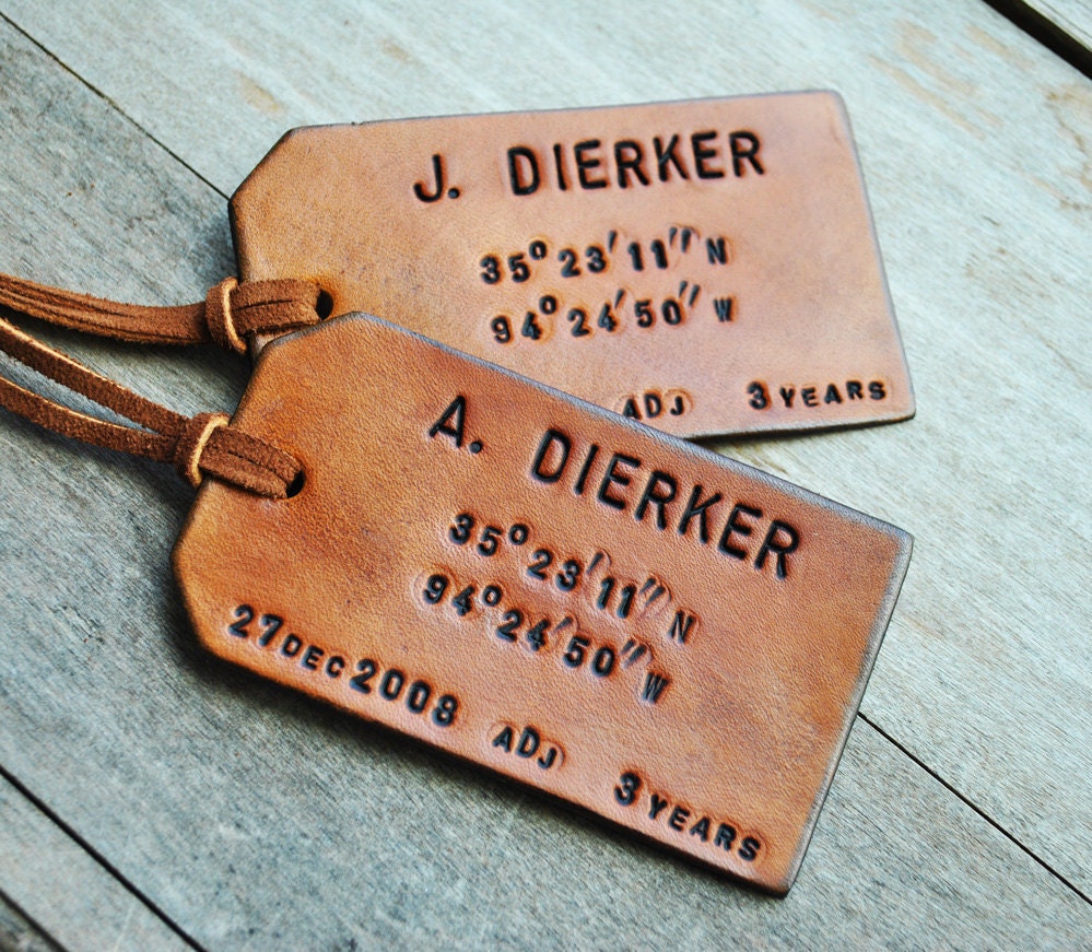 Set of 2 Map Coordinates Leather Luggage Tags. Latitude and Longitude. Custom. Personalized. Unique Gift.
