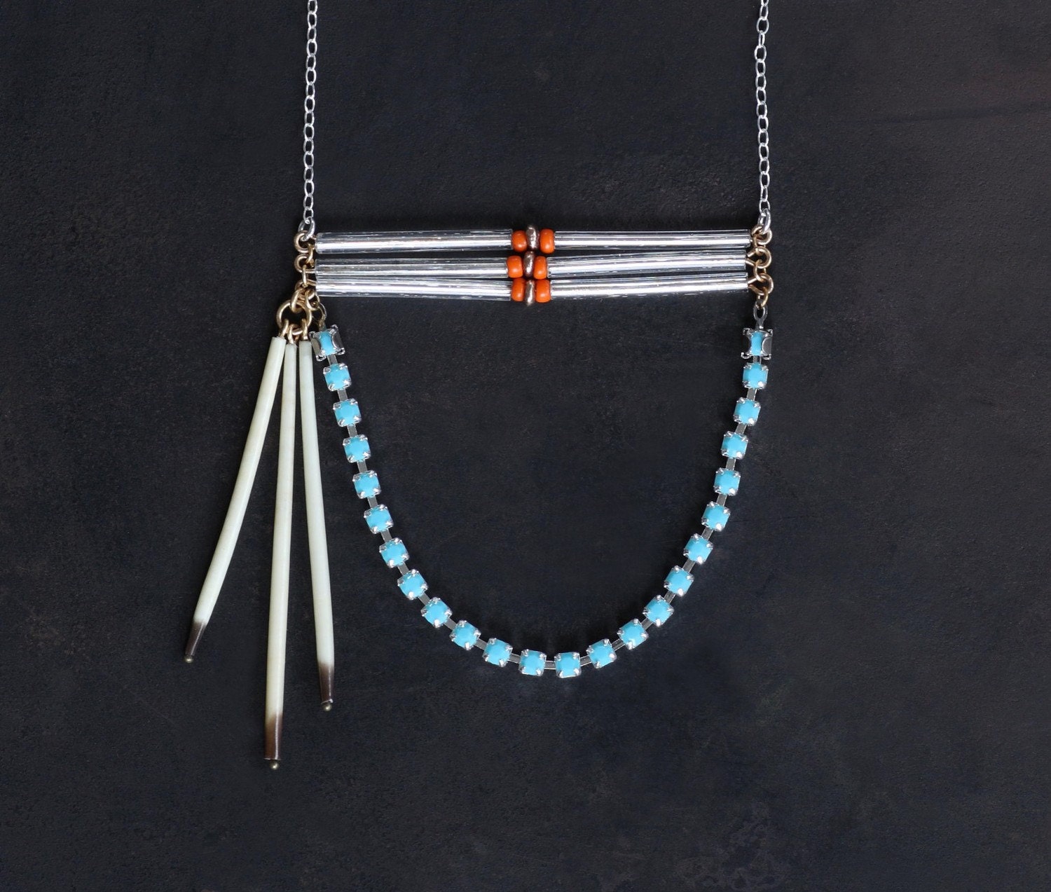 Cheyenne I - Porcupine Quill and Turquoise Rhinestone Urban Pioneer Necklace by Prairieoats - prairieoats