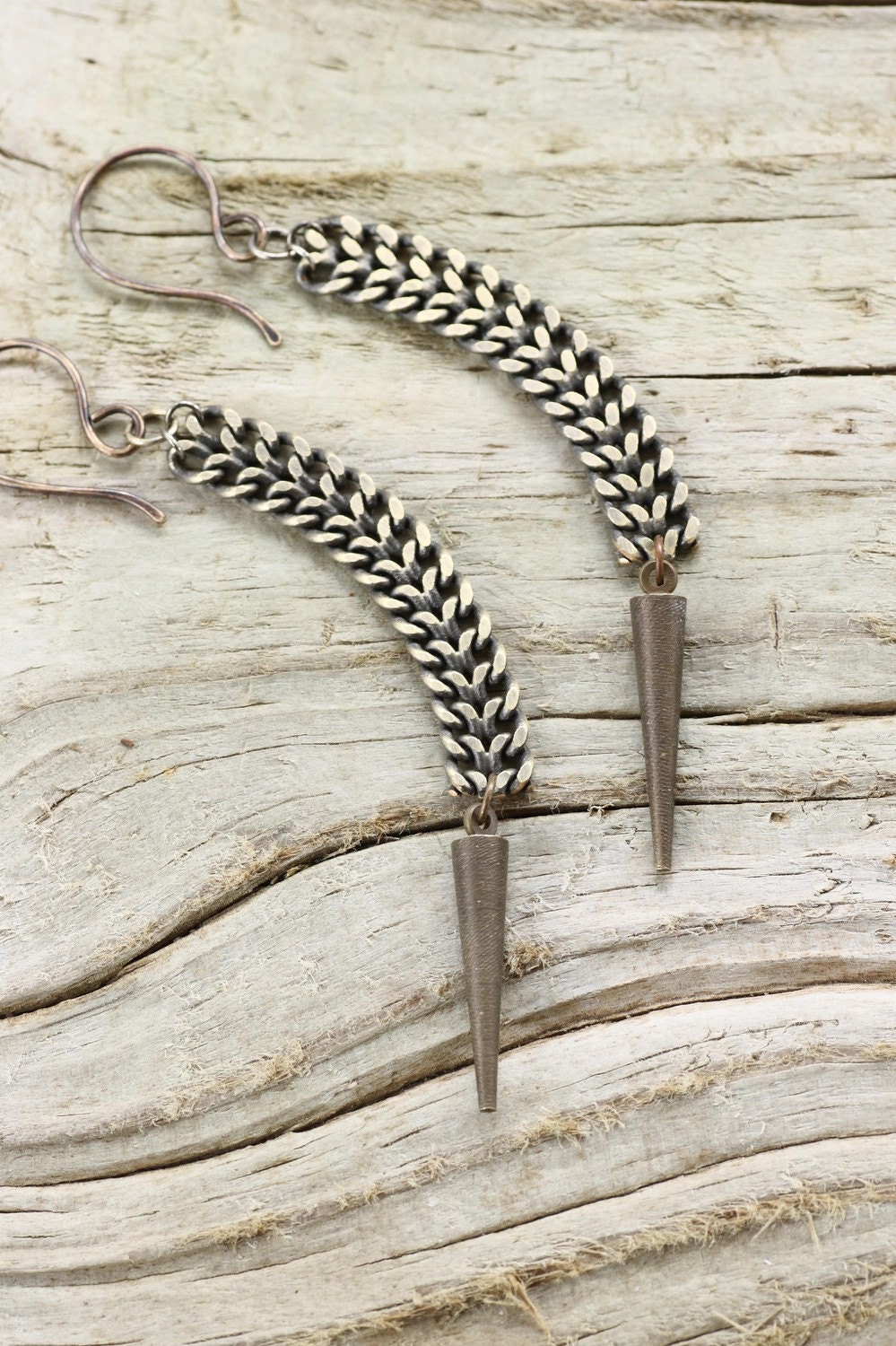 Freefall -  Medieval Brass Chain and Spike Drop Earrings by Prairieoats