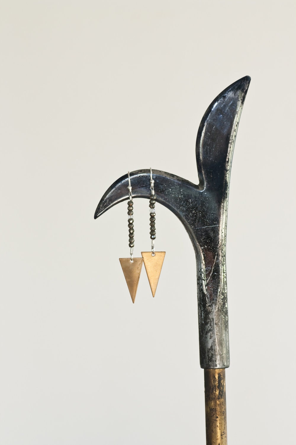 Brass Triangle Drop Earrings with Pyrite and Moonstone