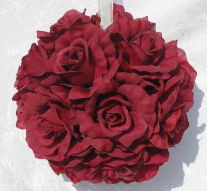 Burgundy colored roses make up "Wine and Roses"  kissing ball