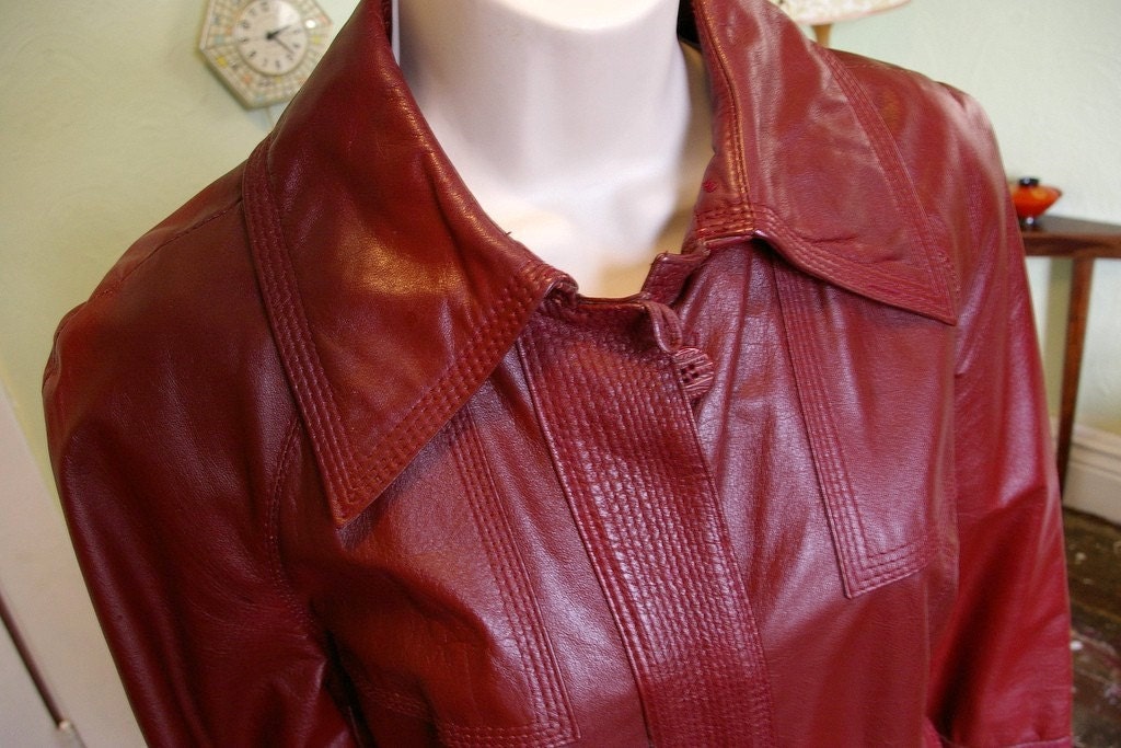 Sak's Fifth Avenue - Quality Red Leather Trench Coat, Size 10