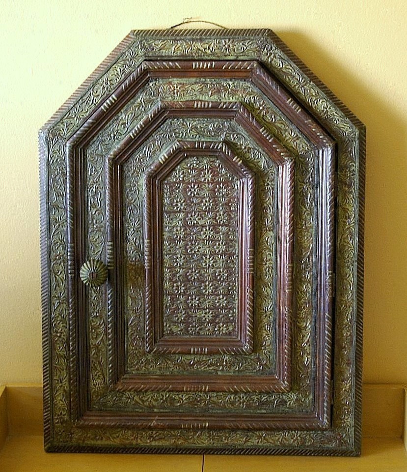 Antique Patina Indian Mirror with Door - PRICE REDUCED -free shipping and insurance