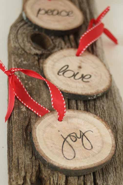Modern Rustic Christmas Tree Ornament - Set of Three Rustic Tree Rings with the words pease, love & joy - FREE US Shipping