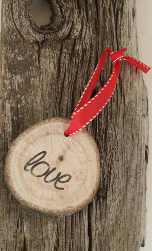 Modern Rustic Christmas Tree Ornament - Set of Three Rustic Tree Rings with the words pease, love & joy - FREE US Shipping