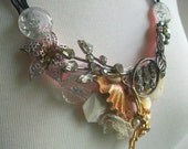 Re Purposed Vintage Rhinestone Brooches and Carved Glass Buttons Festive Bib Necklace