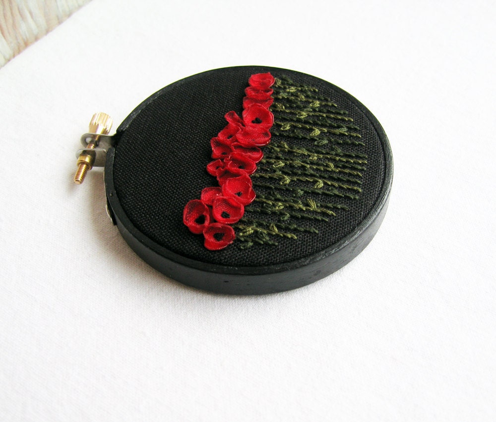 Hand Embroidered Red Poppies Wall Decor