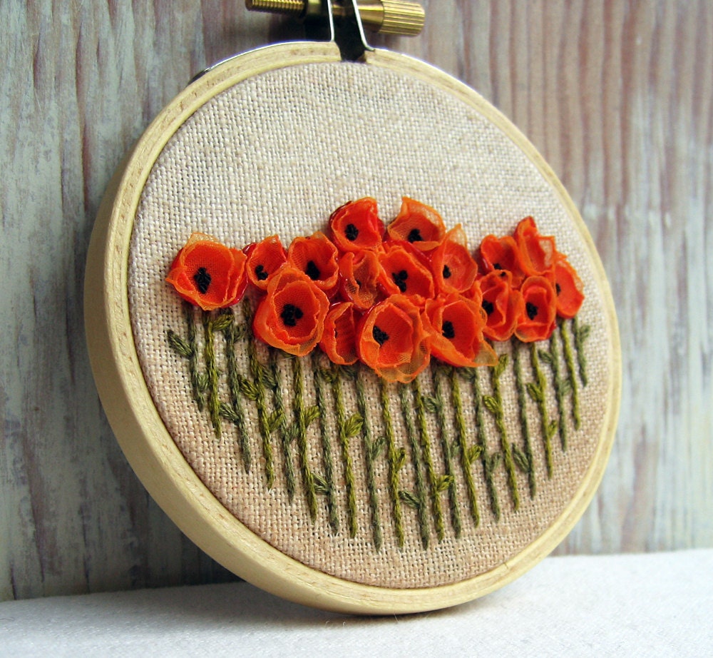 Orange Poppies Hand Embroidered Wall Decoration