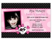Pink Skull With Polka Dots or Zebra Print Birthday Party Invitation (Digital File)