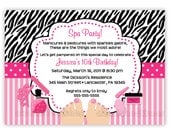 Zebra or Damask Pedicure SPA Birthday Party Invitation (You Print)