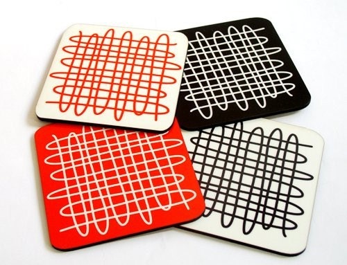 Coaster set black white red geometric decor drink coasters hostess home decor dining entertaining set of four coasters gift idea under 25