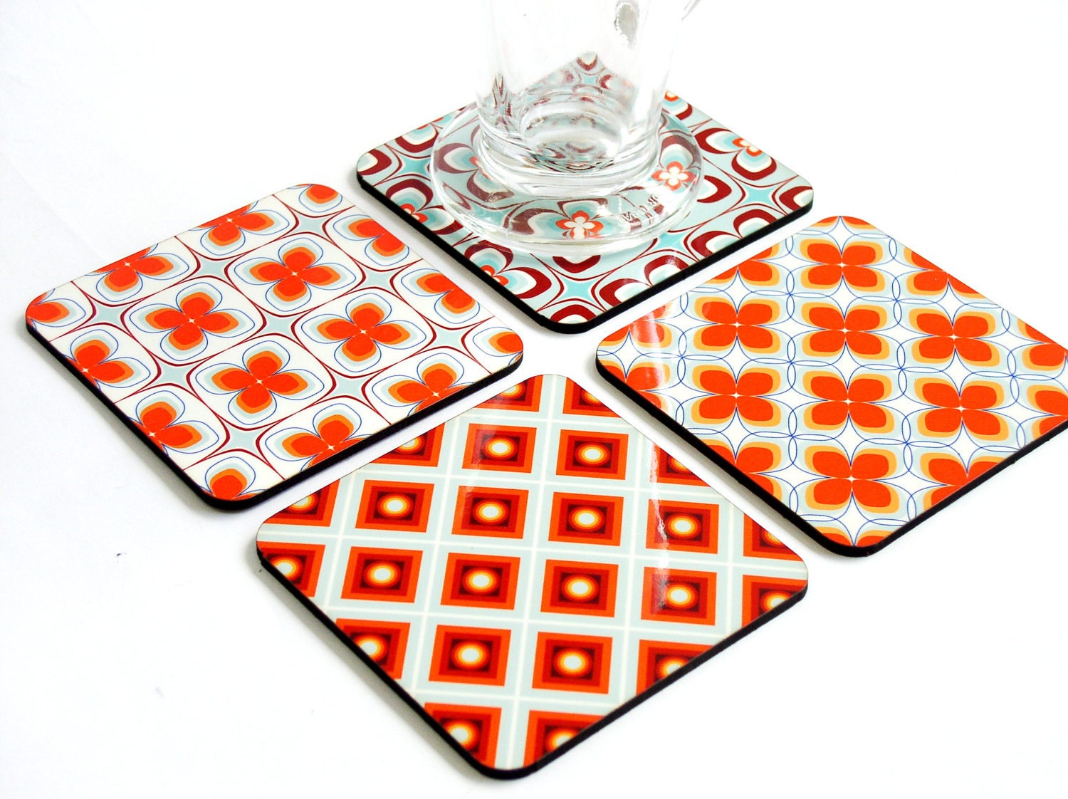 Coasters blue aqua orange retro coaster set hostess gourmet kitchen coffee tea set of 4 coasters gift idea under 25