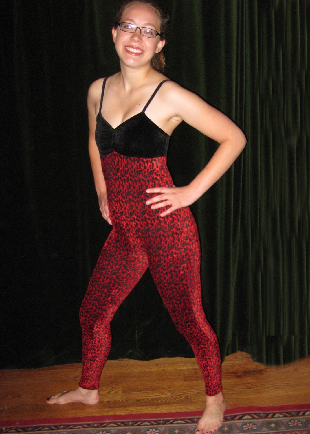 Sample SALE - NEW Red and Black Leopard Velvet Unitard Catsuit - Adult XS
