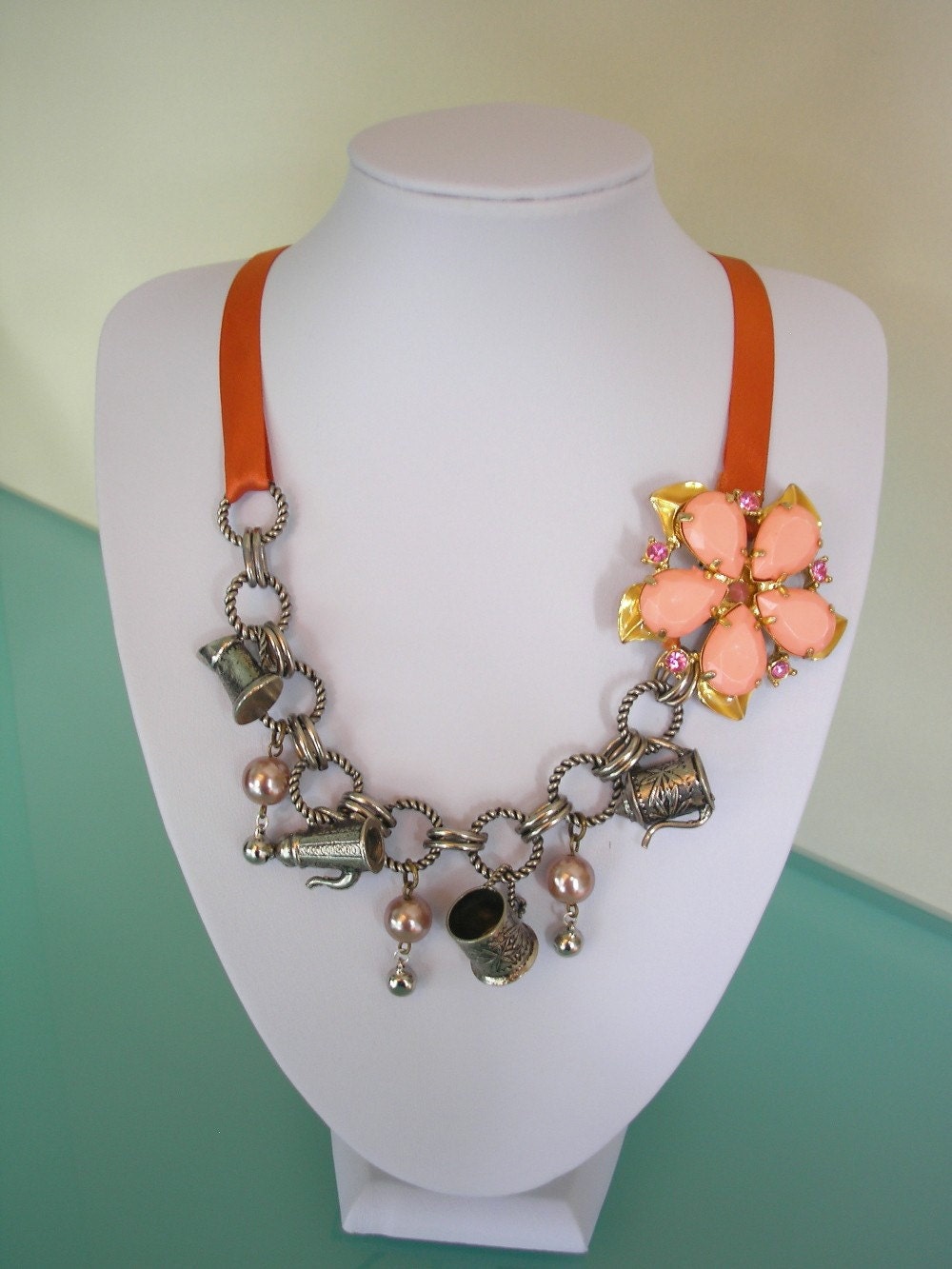Bridal Necklace, Vintage Repurposed, Romany, Rustic, Barn Wedding, Orange, Bohemian Jewelry, Upcycled