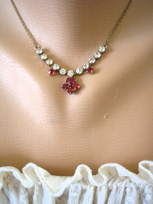 Wedding necklace, Bridal Jewelry, Vintage, Rhinestone, Red, 1950s, Art Deco Style, Diamante, Party