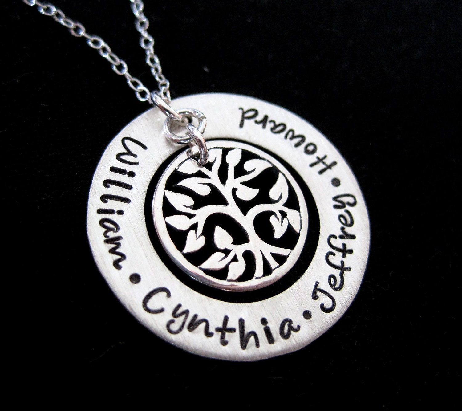 Personalized Family Names Hand Stamped with Tree of Life Necklace - Hand Stamped Jewelry ByHannahDesign