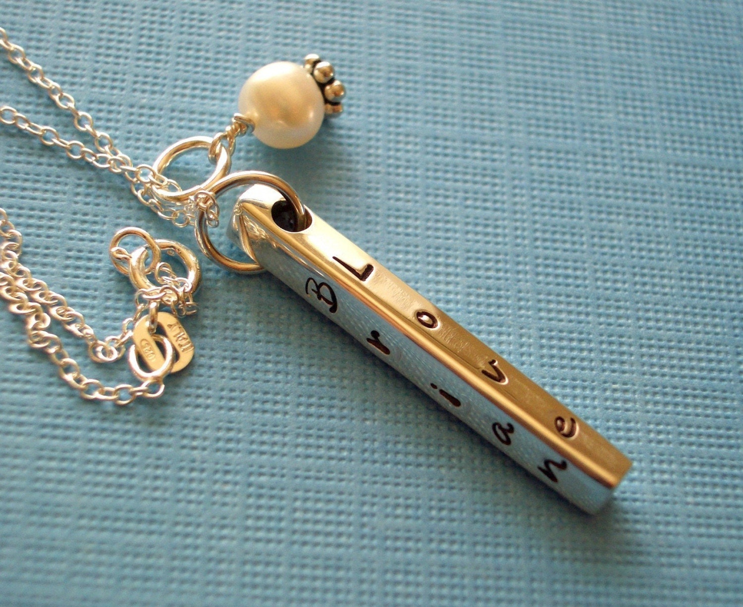 Family Names - Solid Sterling Silver Bar on Sterling Silver Necklace with Freshwater Pearl- Fancy Font