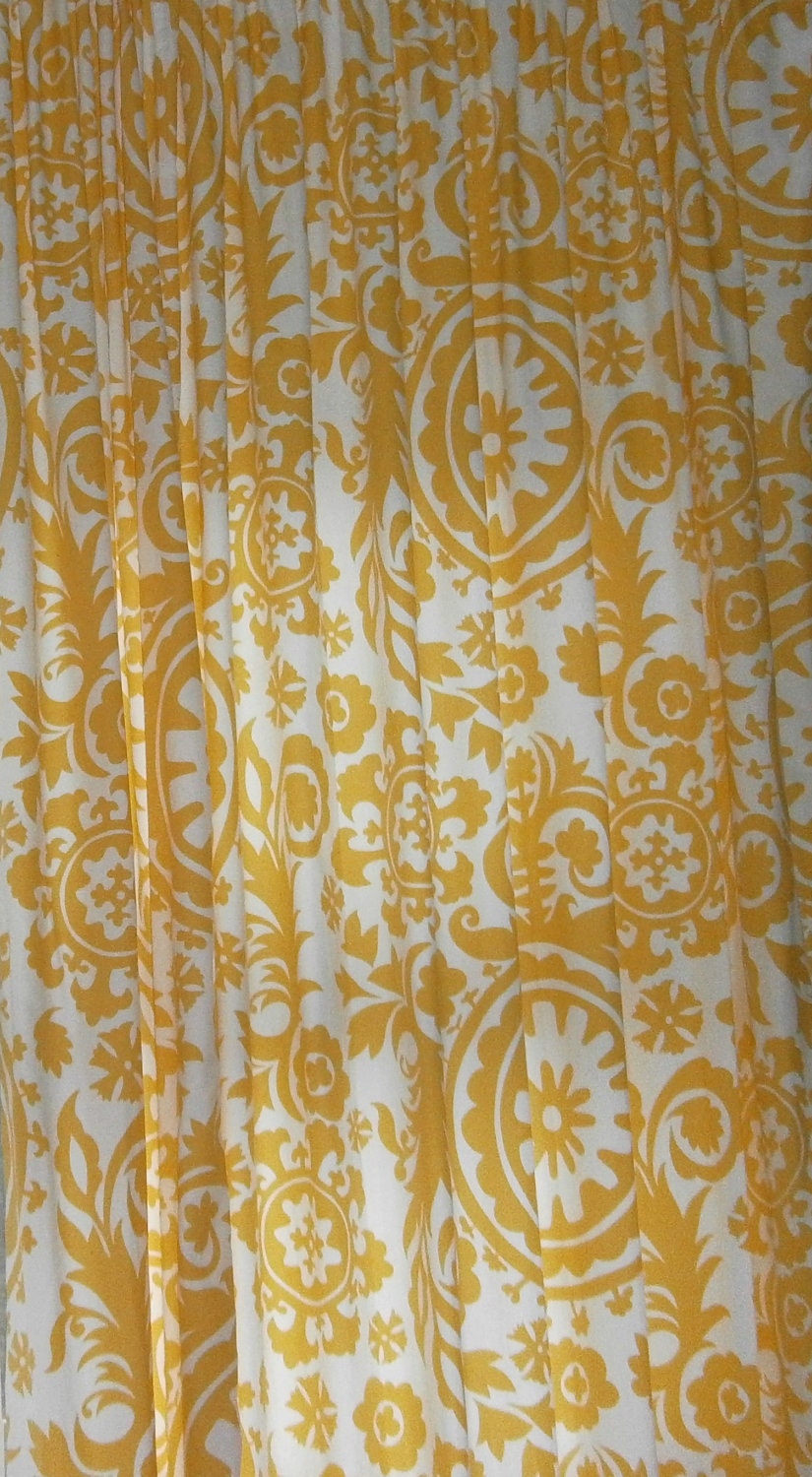 Extra long fabric shower curtain, Suzani,  yellow white, 72 x 84 inches, other sizes available