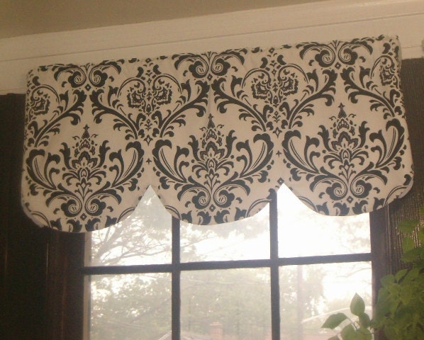 Lined scallop valance, 42 x 16 inches, damask black on linen, custom sizes made to order