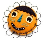 Folk Art Flower Face Brooch, wire and felt cute lady face, embroidered felt flower wire art