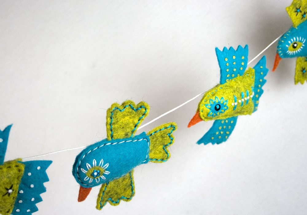 Handstiched Felt Bird Garland Bunting, lime and turquoise