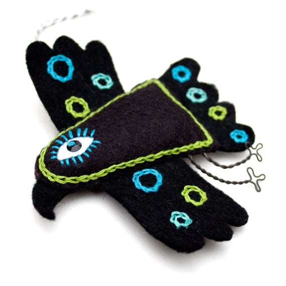 Mexican Folk Art Felt Raven ornament handstiched