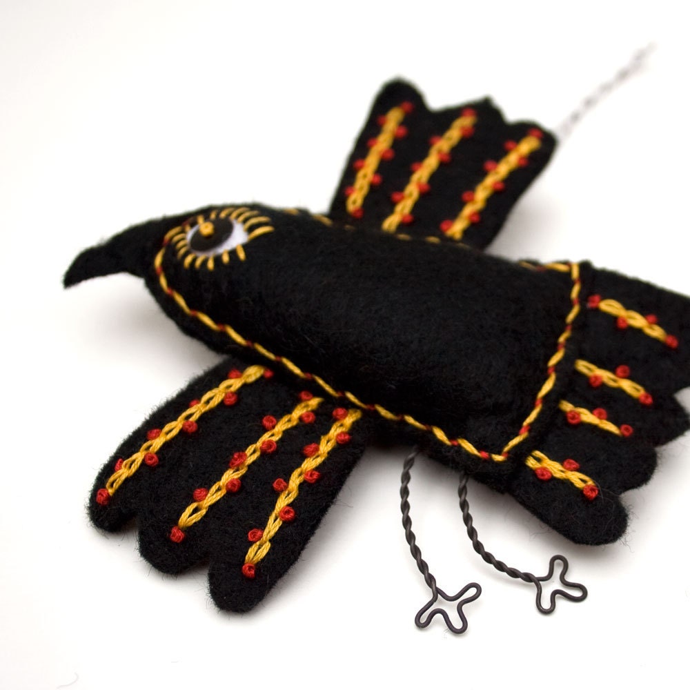Folk Art Raven ornament, Mexican folk art embroidered felt crow