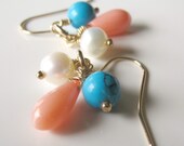 Coral Earrings, Gold, Freshwater Pearl, Turquoise Earrings- Shoreline