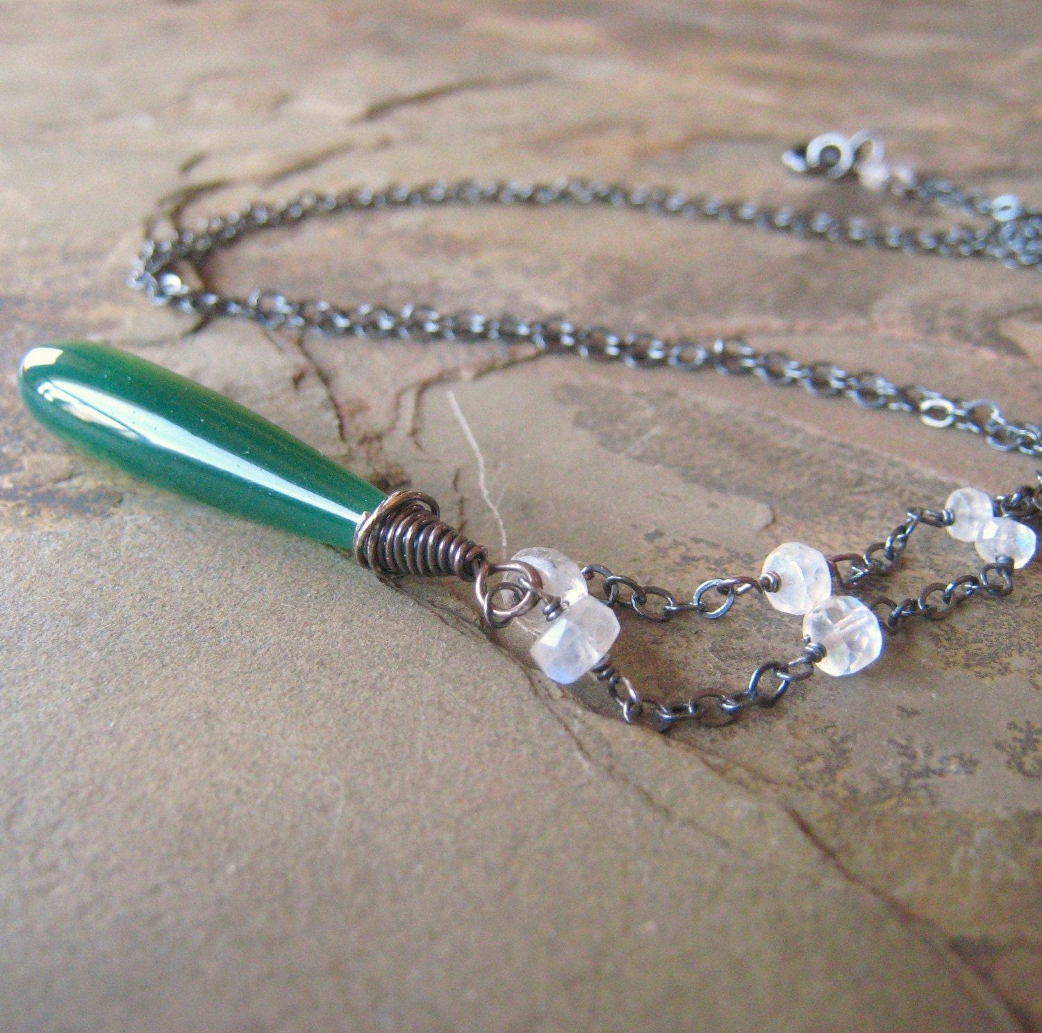 Green Necklace, Oxidized Sterling Silver Necklace, Green Chalcedony Long Necklace, Long Teardrop Gemstone  - Wicked