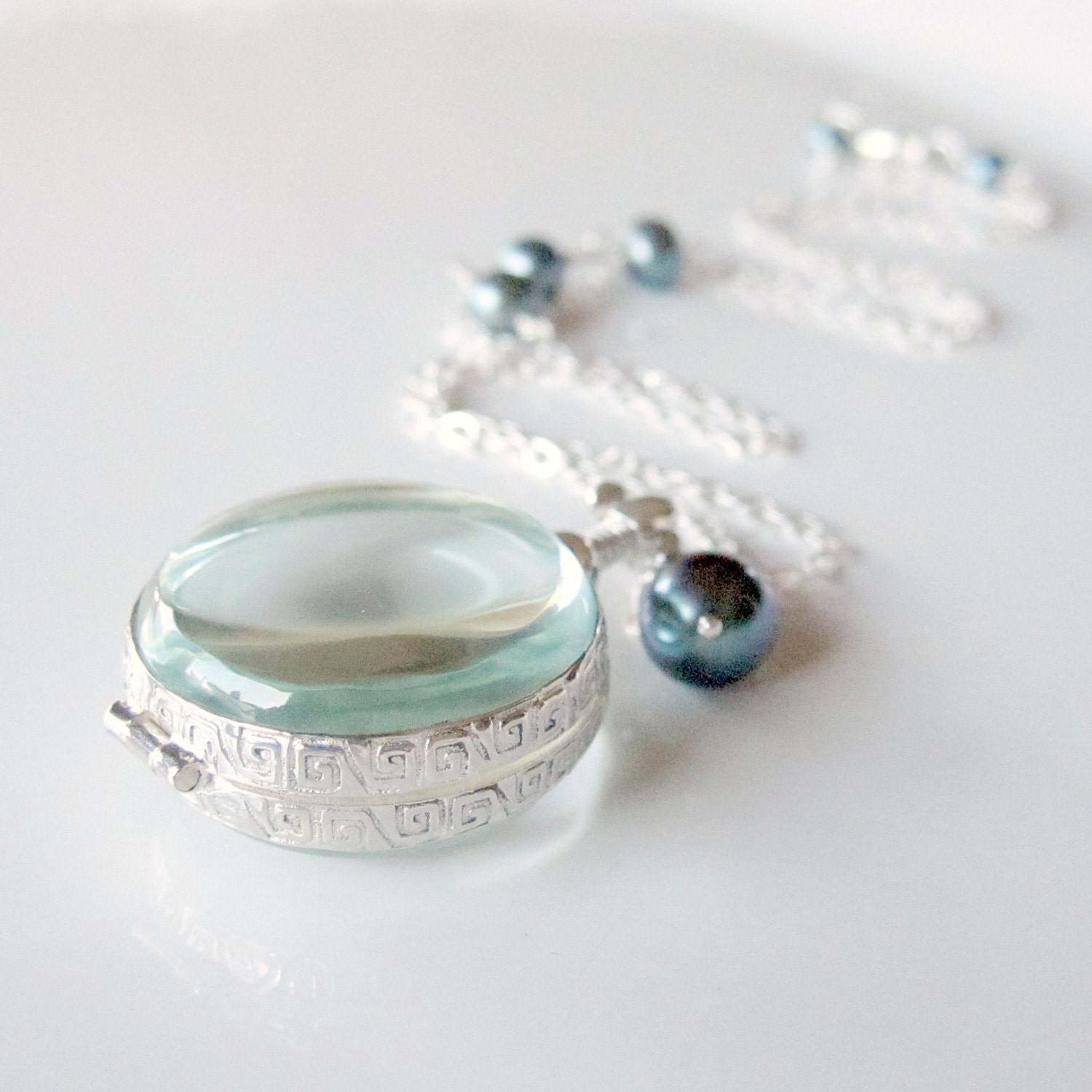 Photo Locket, Glass Locket Necklace, Sterling Silver, Freshwater Peacock Pearls