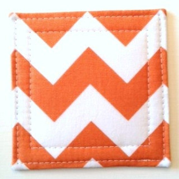 Set of 4 Coasters made w/ Designer fabric Chevron in Orange, Tangerine