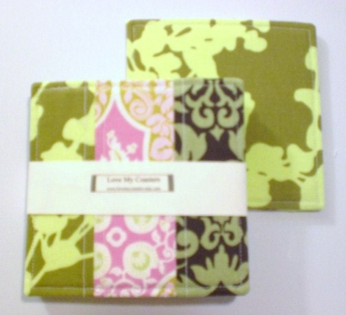 Reversible Quilted Set of 4 Coasters made w\/ Designer Fabric Dandy Damask Olive Coriander and Pressed Rose