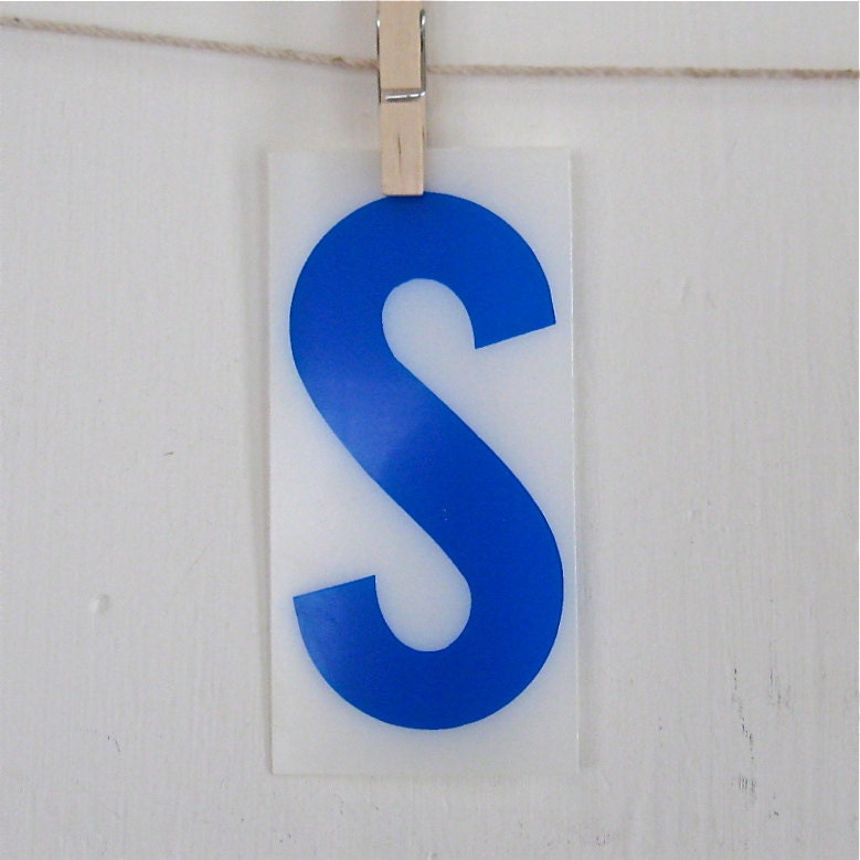 vintage industrial sign letter S blue and white plastic