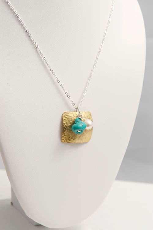 Brass Pendant Necklace, Turquoise Pearl Sterling Silver Necklace Jewelry  Gifts for Her Under 50
