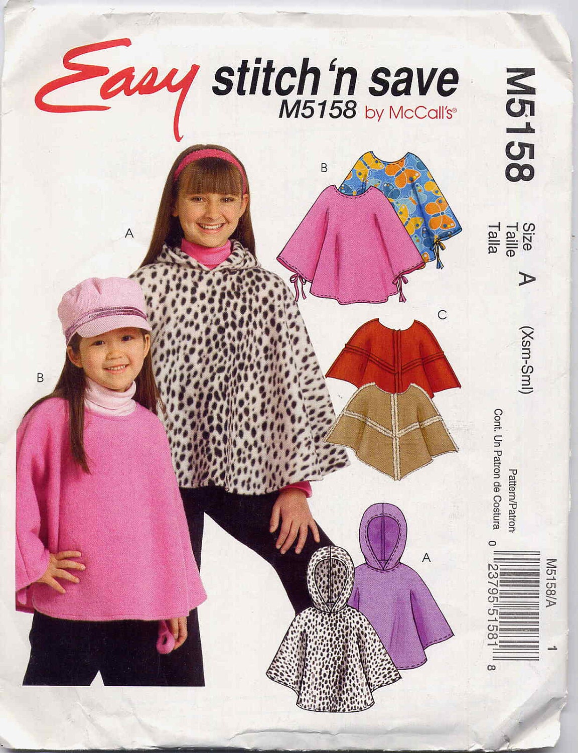 Easy Sew Comfy Cozy Fleece Gilrs Poncho with Optional Hood McCalls 5158 Sewing Pattern--Ex Small to Small, Sz 3-6