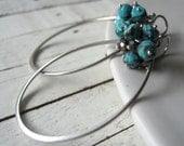 turquoise, pyrite, handmade sterling silver earrings, long hoops, gemstone cluster
