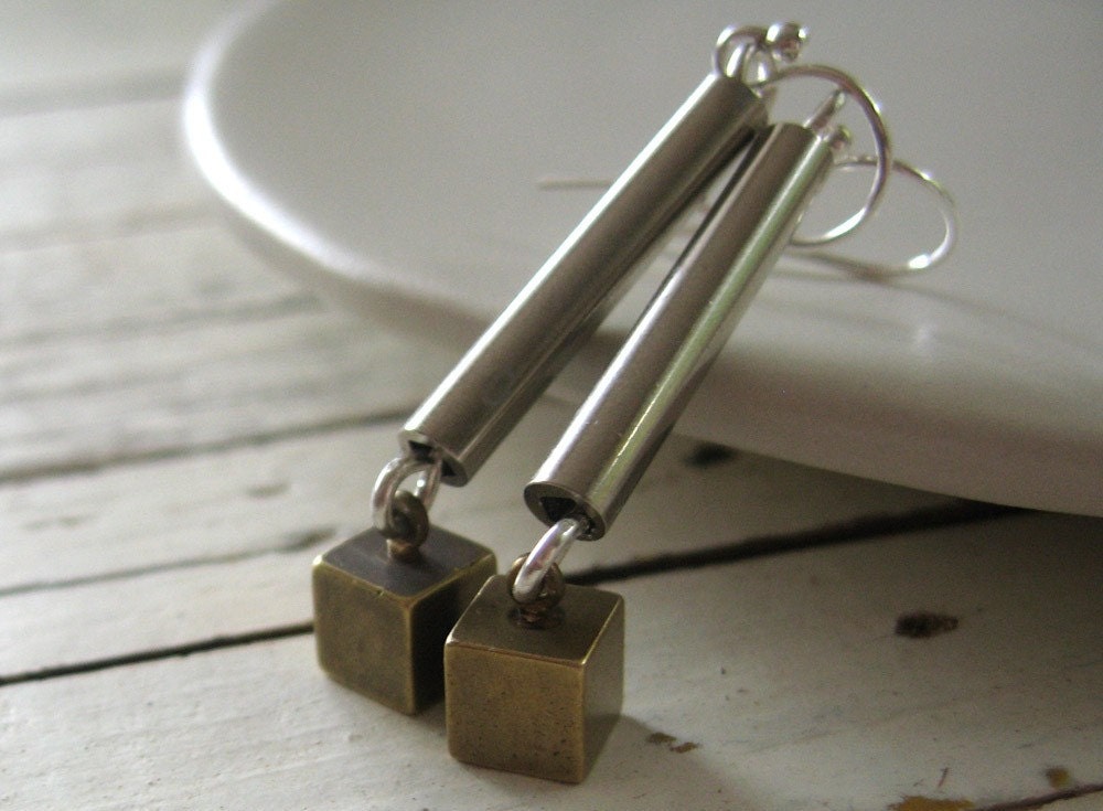 vintage brass cubes on sterling silver earrings, modern mixed metals