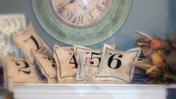 Pillows, TIME for PARIS set of 6 shelf sitter mini number pillows,shredded paper stuffed, tea stained cotton,french,paris