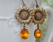 THE SUNFLOWER EARRINGS antique brass earrings with  vintage Swarovski Topaz color glass jewels