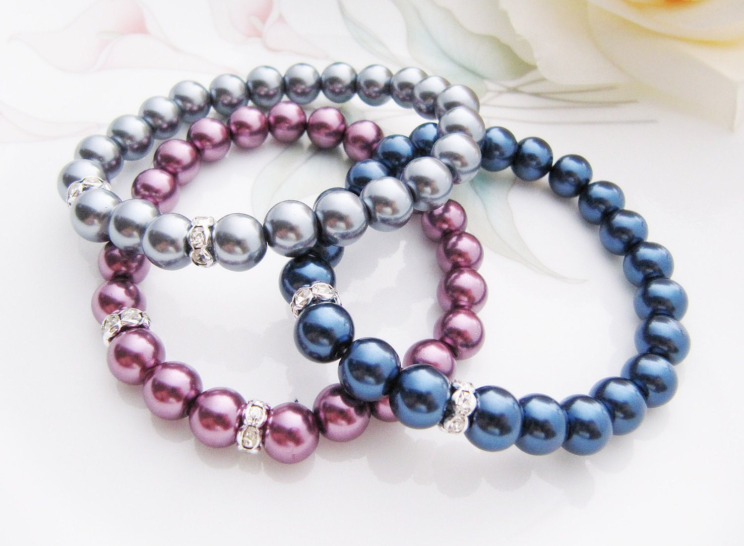 SET of 5 Sweet Simple Glass Pearls with rhinestone rondelles Bridal Bridesmaid Bracelet - Choose your prefer color