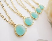 SET of 3 Bridesmaid Necklaces Sweet simple - Sea foam glass drop with matte gold trimmed Necklace - Bridal Bridesmaid Gifts