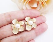 Bridal Earrings Bridesmaid Earrings - Beautiful Matte gold Flower with Cubic Zirconia Sterling Silver Ear posts and freshwater pearl