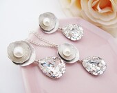 Bridal Earrings Bridal Necklace Matte rodium Lotus with freshwater pearl and Clear White Swarovski Crystal Tear drops Bridal Jewelry set