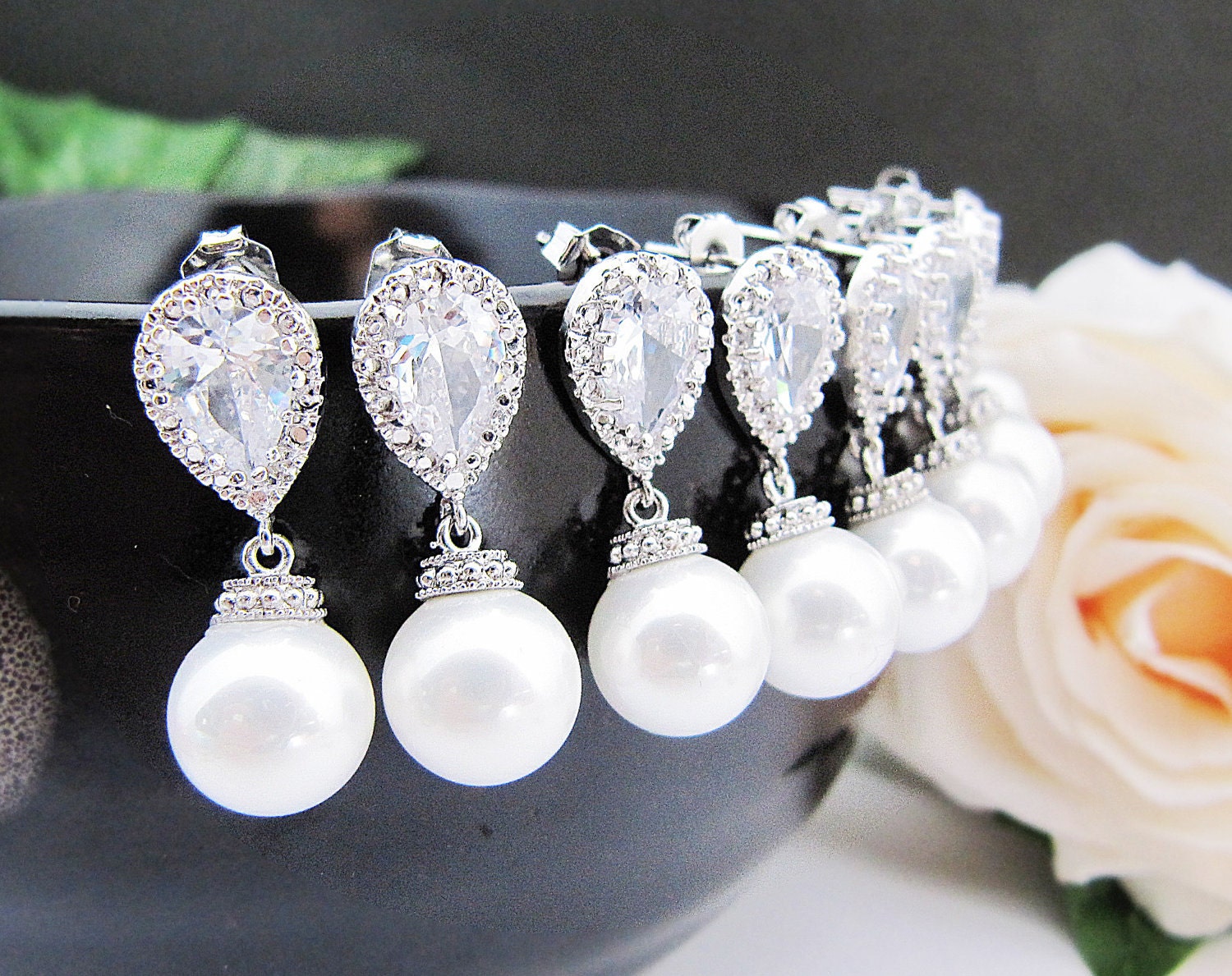 15% OFF SET of 6 Wedding Dangle Earrings Bridesmaid Earrings Matte Rodium plated CZ ear posts with white shell based pearl drop Earrings