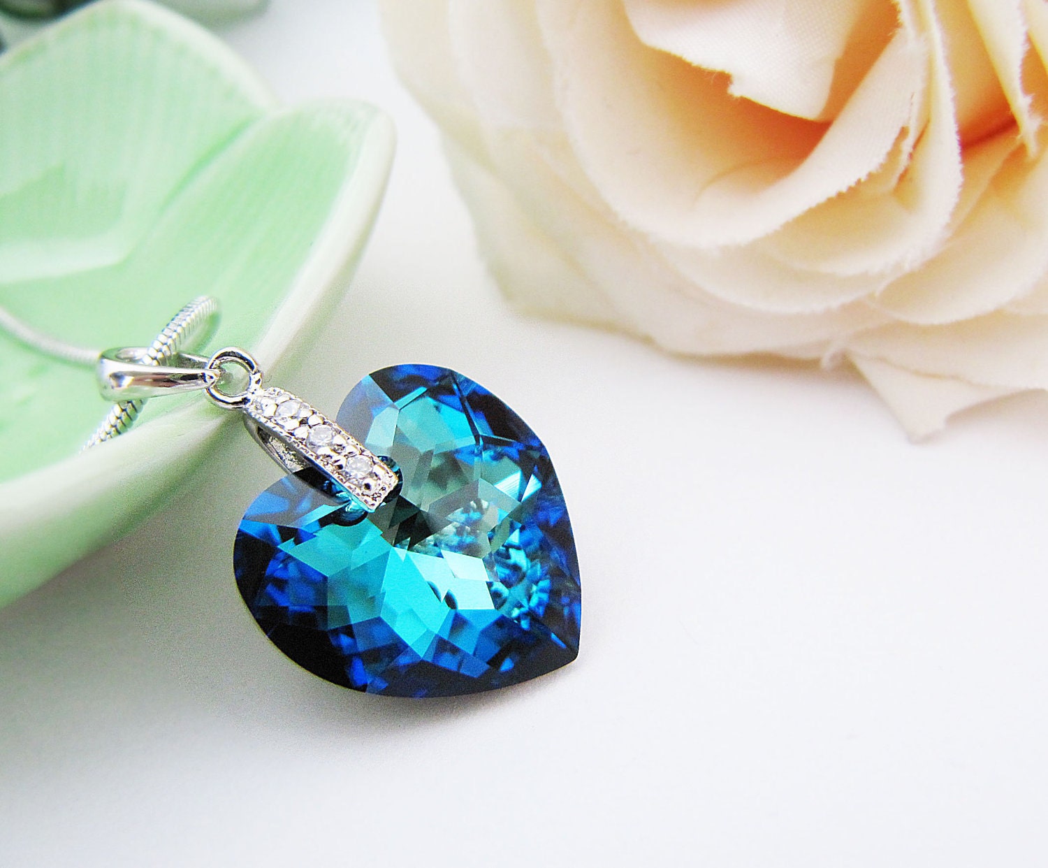 Wedding Jewelry Bridesmaid Necklace Bridal Necklace Cubic zirconia bail with bermuda blue Heart Swarovski Crystal Necklace Bridesmaid Gifts